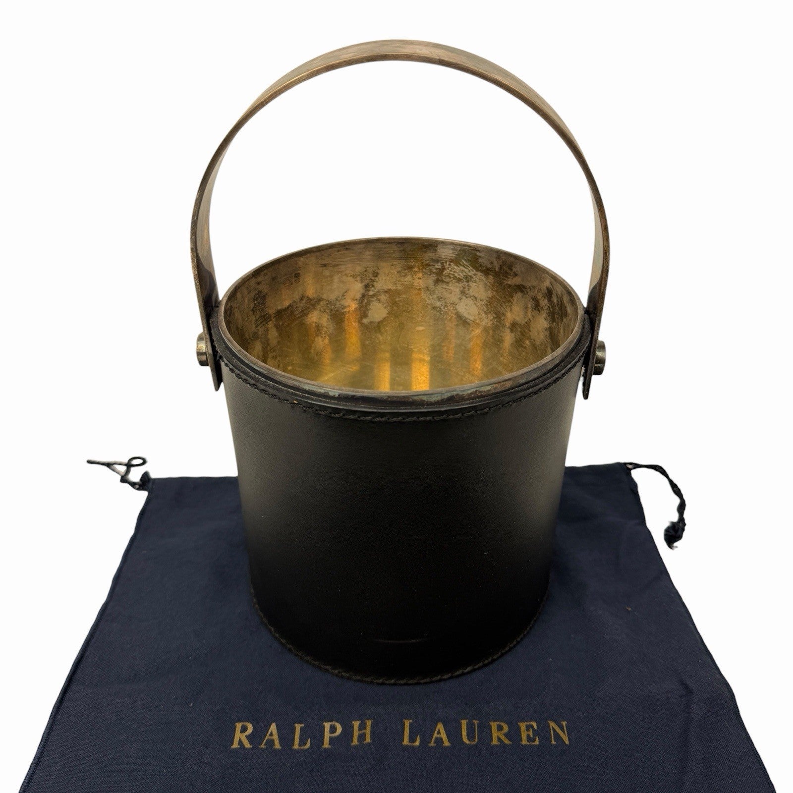 Vintage RALPH LAUREN Leather / Silver Plated ICE BUCKET w/ Swing Handle DUST BAG