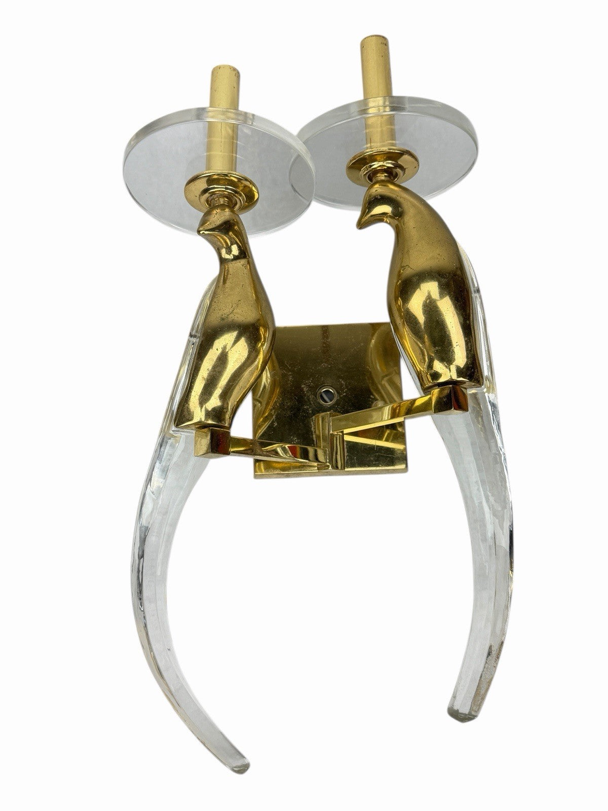 Vintage NULCO Birds Of Paradise SCONCE Double CRYSTAL & BRASS w/ Shades