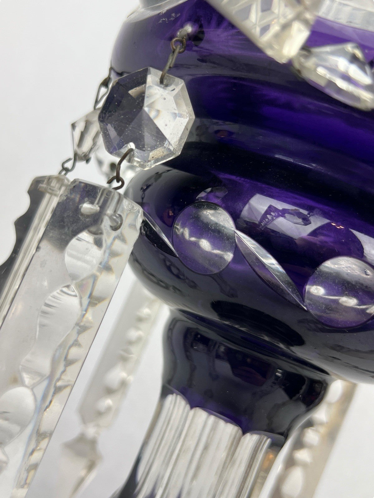 Antique Cut Crystal Amethyst To Clear PURPLE Mantle Lustre w/ Hanging Prisms