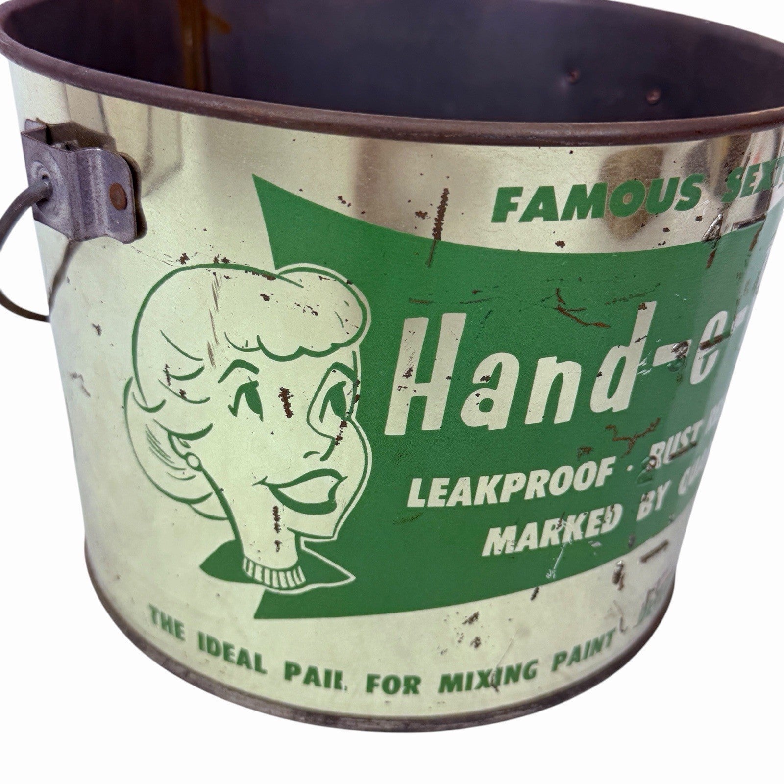Vintage 1950s Famous Sexton HAND-E-PAIL Advertising Tin Bucket Silkscreen Paint
