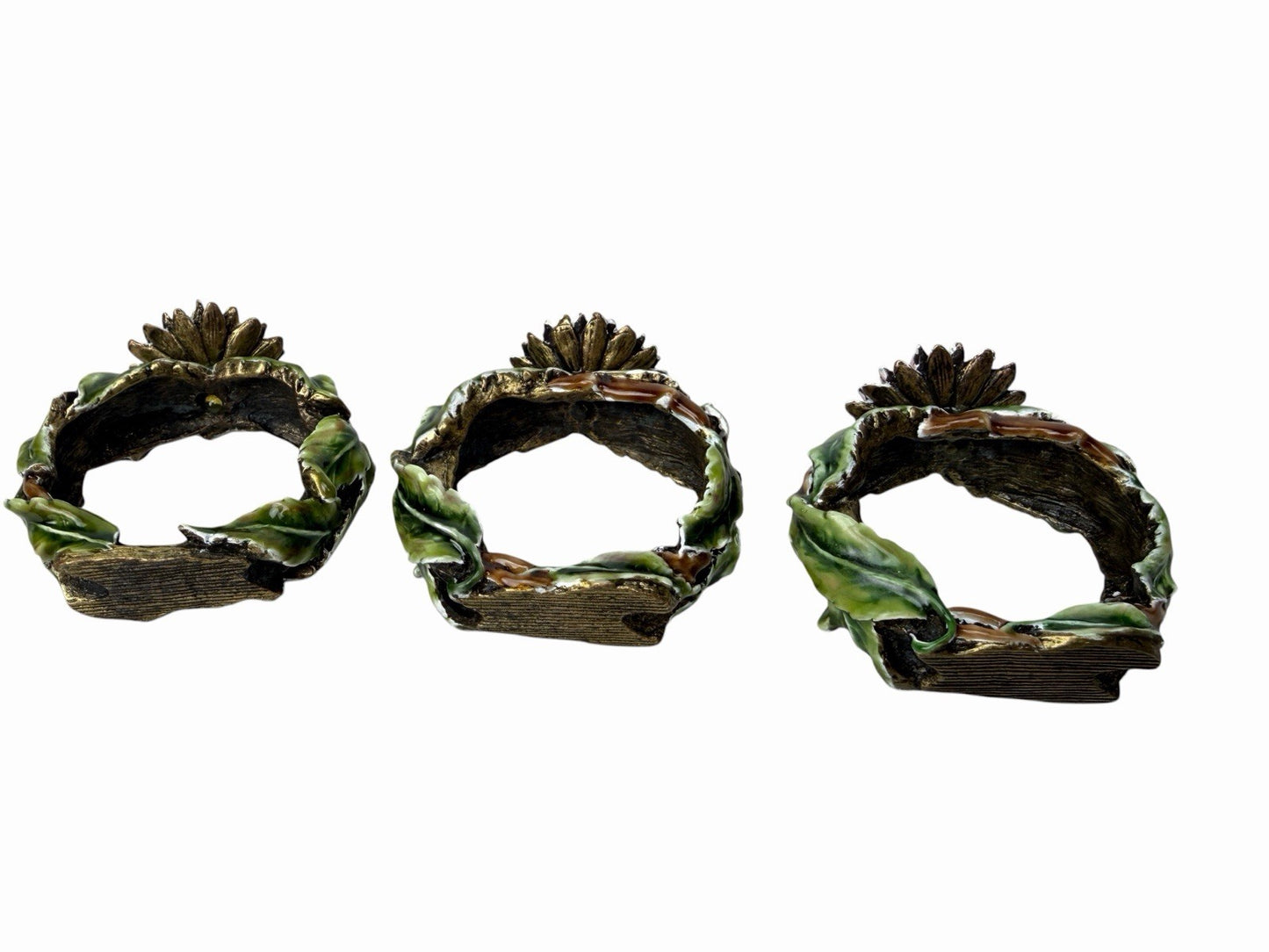 Set Of 3 Sunflower w/ Austrian Crystal Rhinestones NAPKIN RINGS Bronze Metal