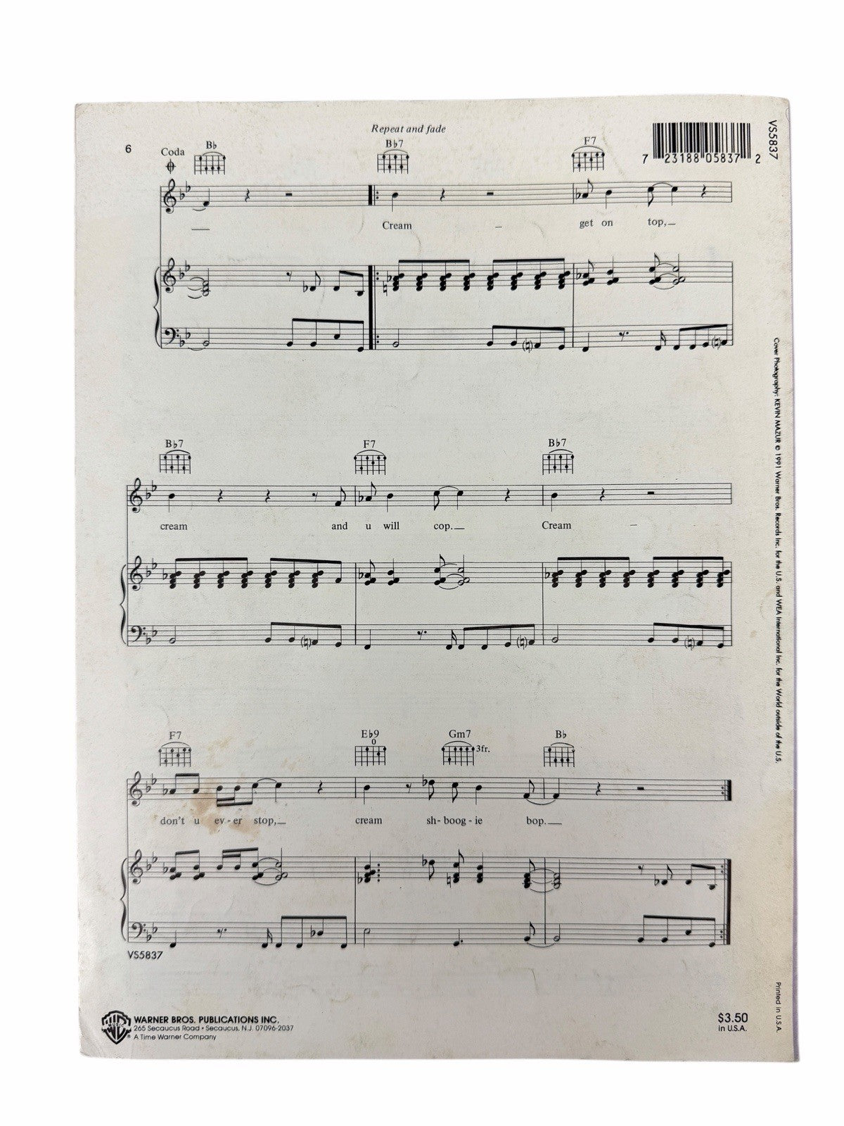 Vintage PRINCE Cream 1991 Sheet Music RARE Diamonds And Pearls