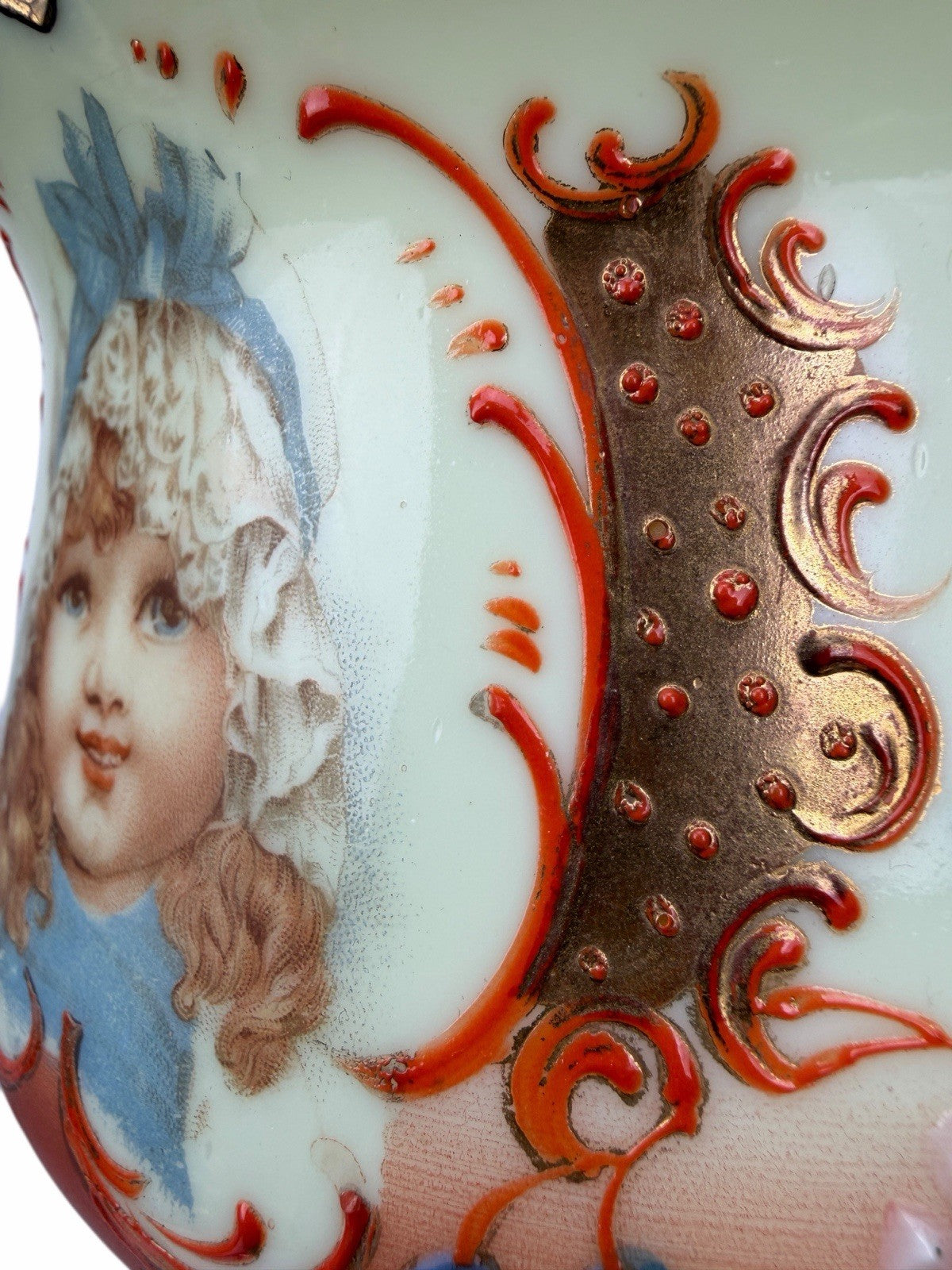 Antique Victorian Bohemian Bristol Glass CHILD PORTRAIT Mantle Lustre Luster