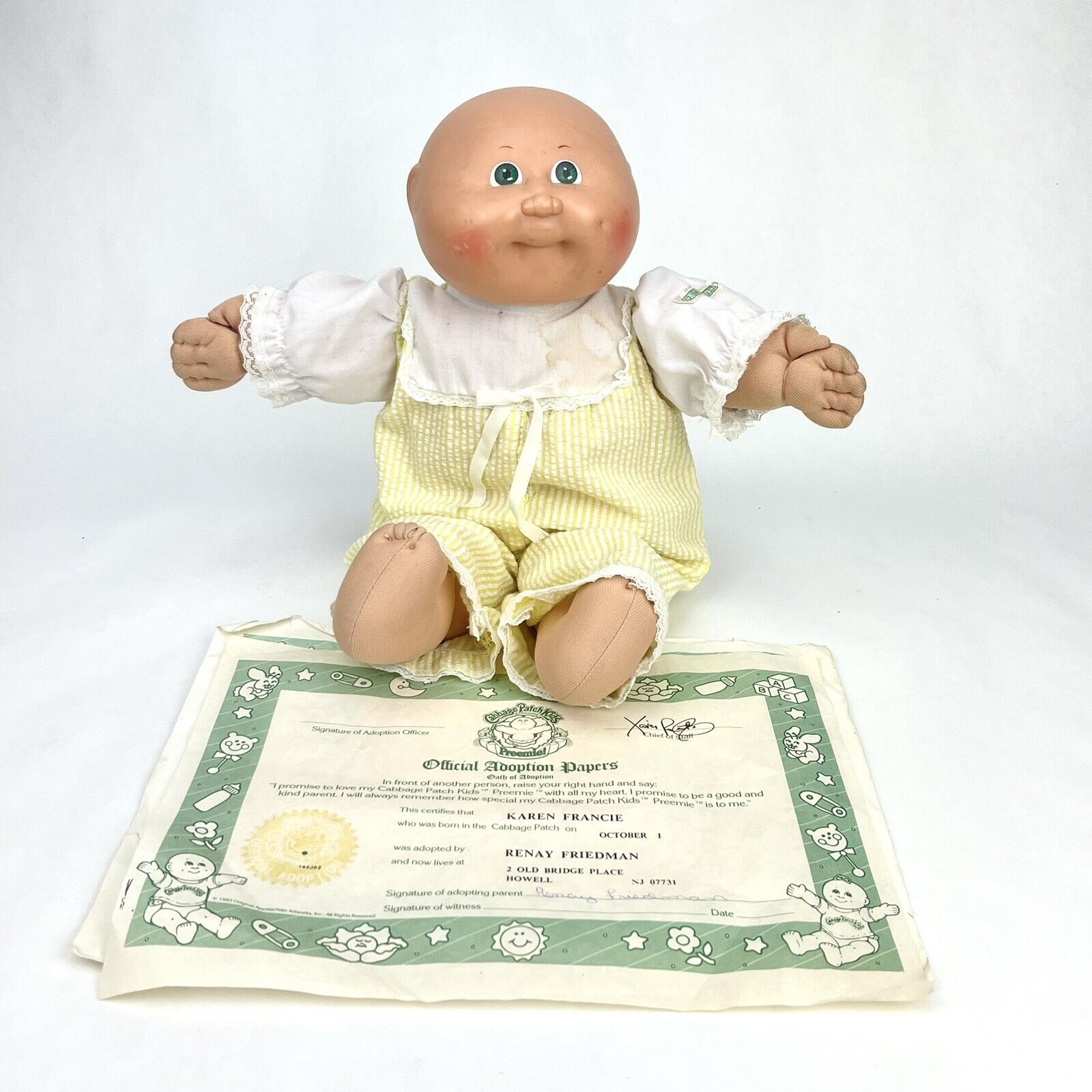 Vintage 1984 CABBAGE PATCH PREEMIE DOLL w Adoption Certificate Papers Old Souled