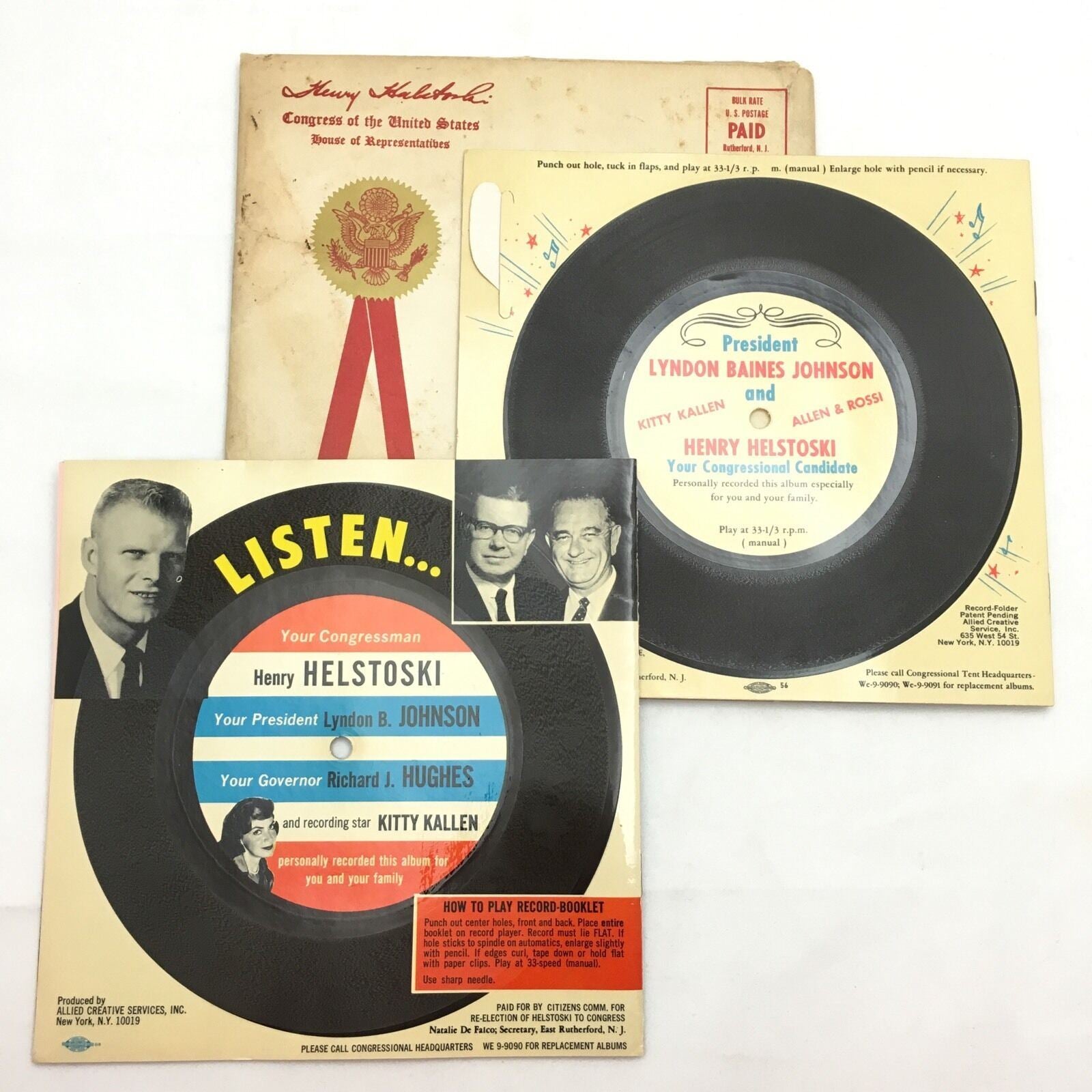 2 Vintage LBJ HELSTOSKI Vinyl Records Campaign LP Mailers 1964 & 1966 Political