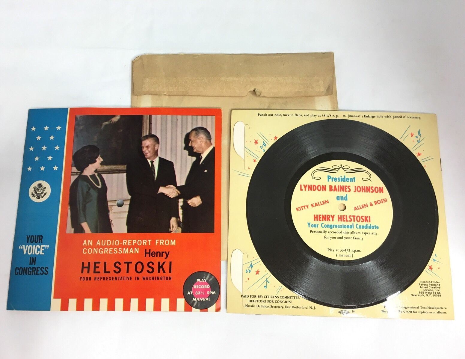 2 Vintage LBJ HELSTOSKI Vinyl Records Campaign LP Mailers 1964 & 1966 Political