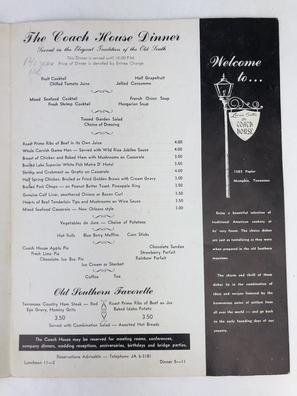 LESSIE GATES COACH HOUSE Vintage MENU 1960’s Original Memphis Tennessee Murder
