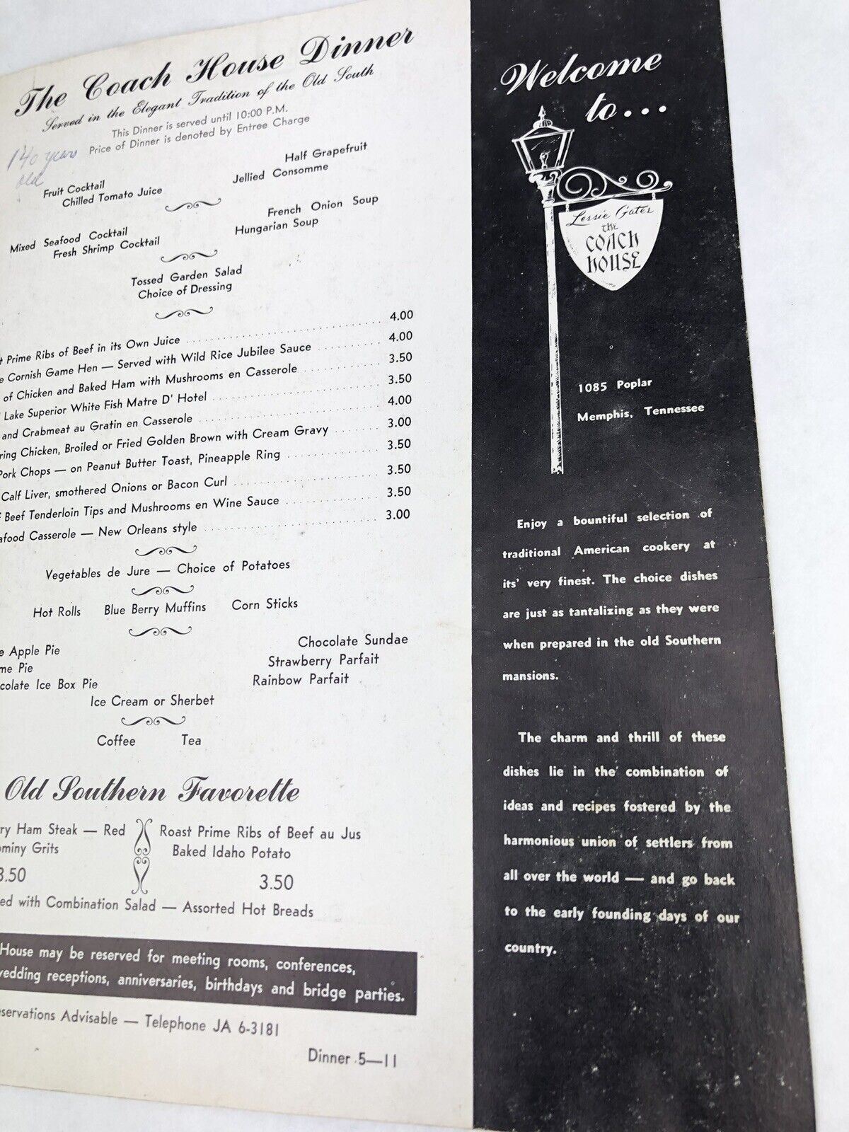 LESSIE GATES COACH HOUSE Vintage MENU 1960’s Original Memphis Tennessee Murder