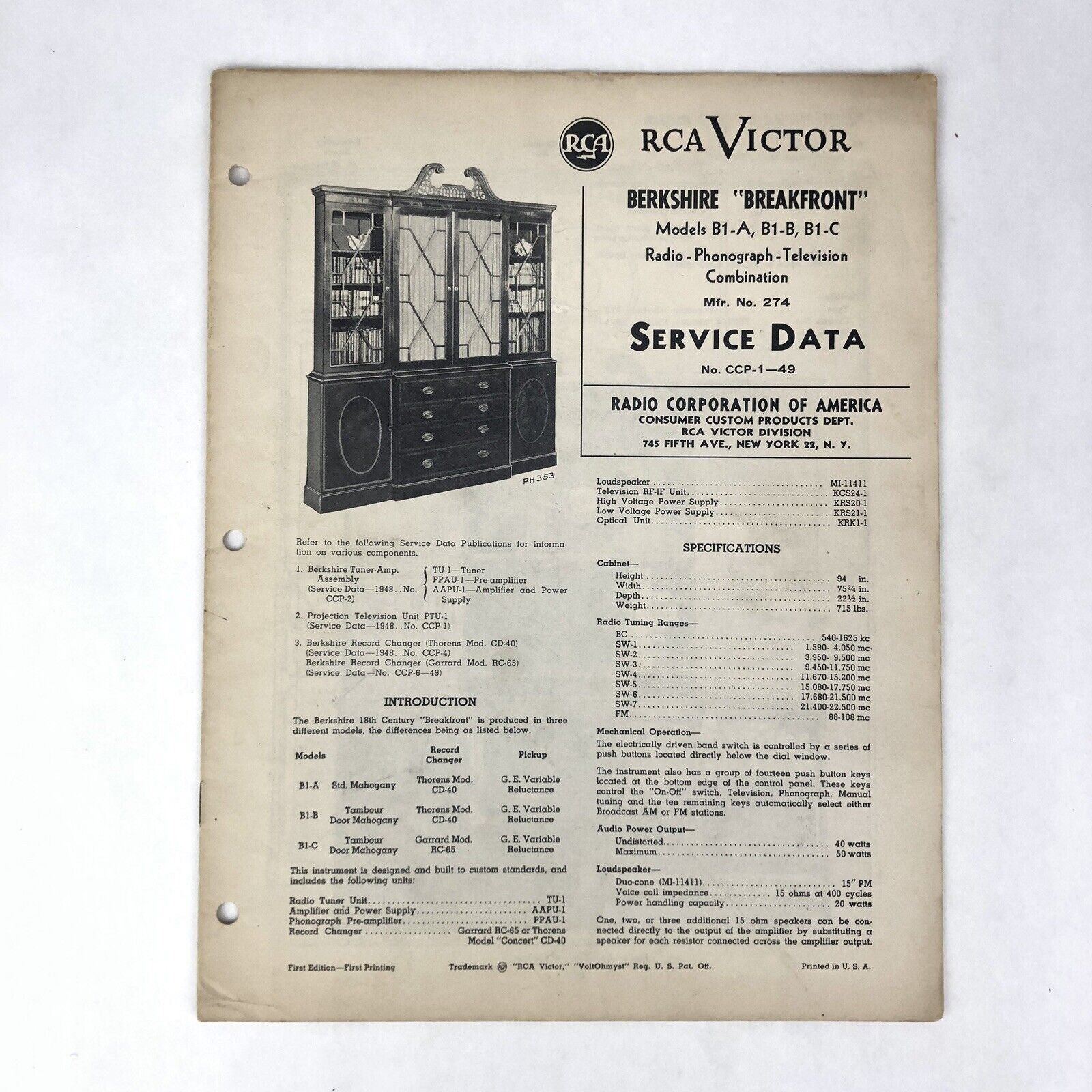 RCA VICTOR 1949 ‘Berkshire Breakfront’ Radio Phonograph TV Combo SERVICE DATA
