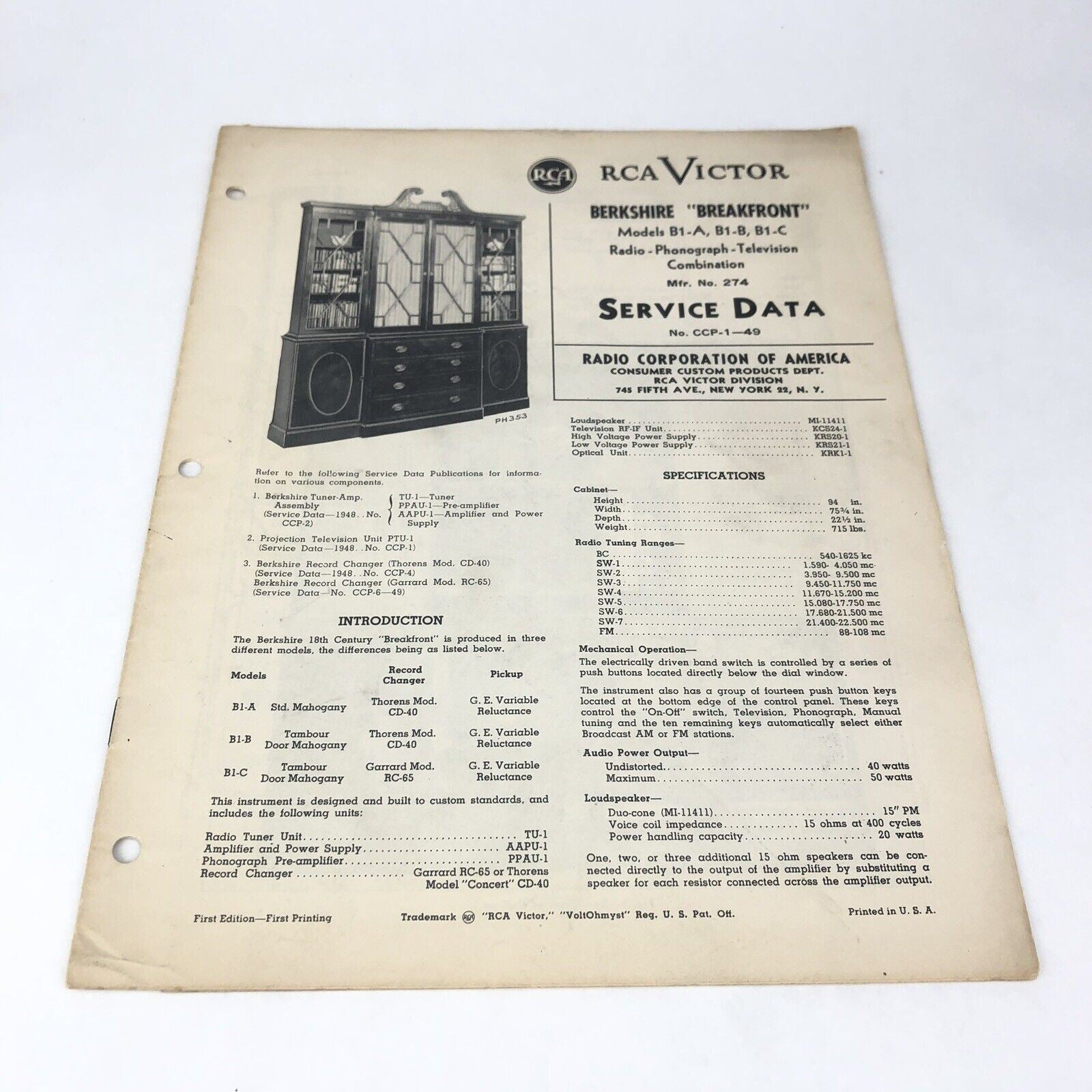 RCA VICTOR 1949 ‘Berkshire Breakfront’ Radio Phonograph TV Combo SERVICE DATA