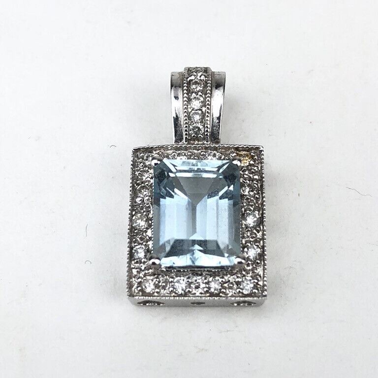 14k White Gold w/ Diamond & 2-3 Ct Emerald Cut Aquamarine Necklace Pendant QCD