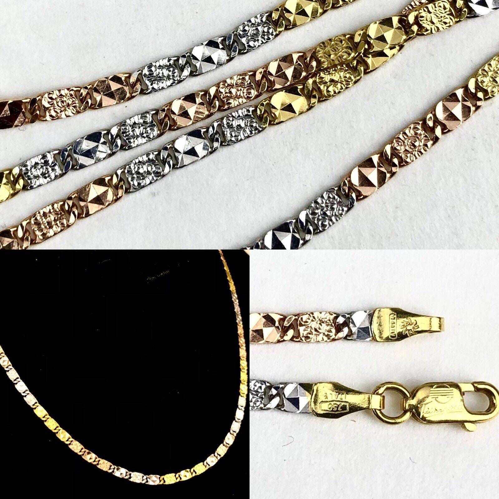 Tecnigold 18k ROSE YELLOW & WHITE GOLD Tri-Tone Flat Fancy Link Necklace Chain