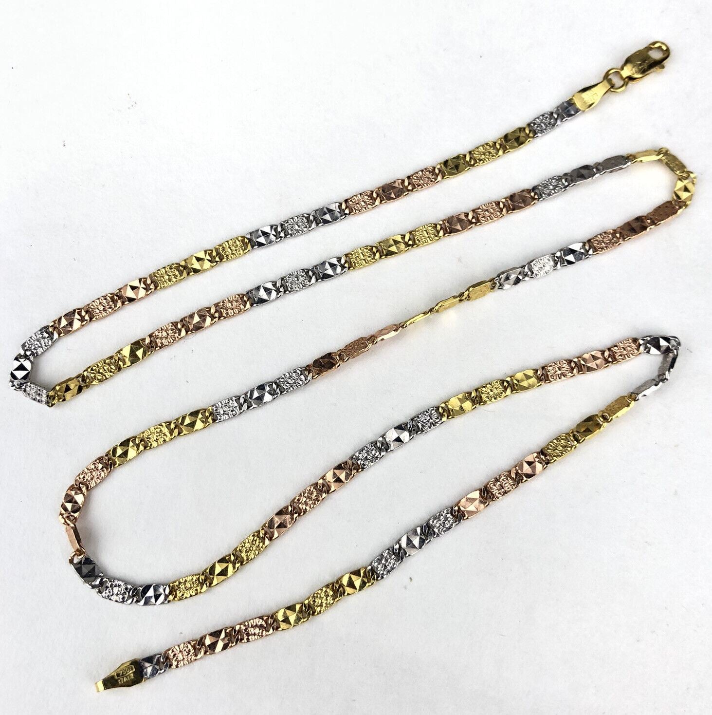 Tecnigold 18k ROSE YELLOW & WHITE GOLD Tri-Tone Flat Fancy Link Necklace Chain