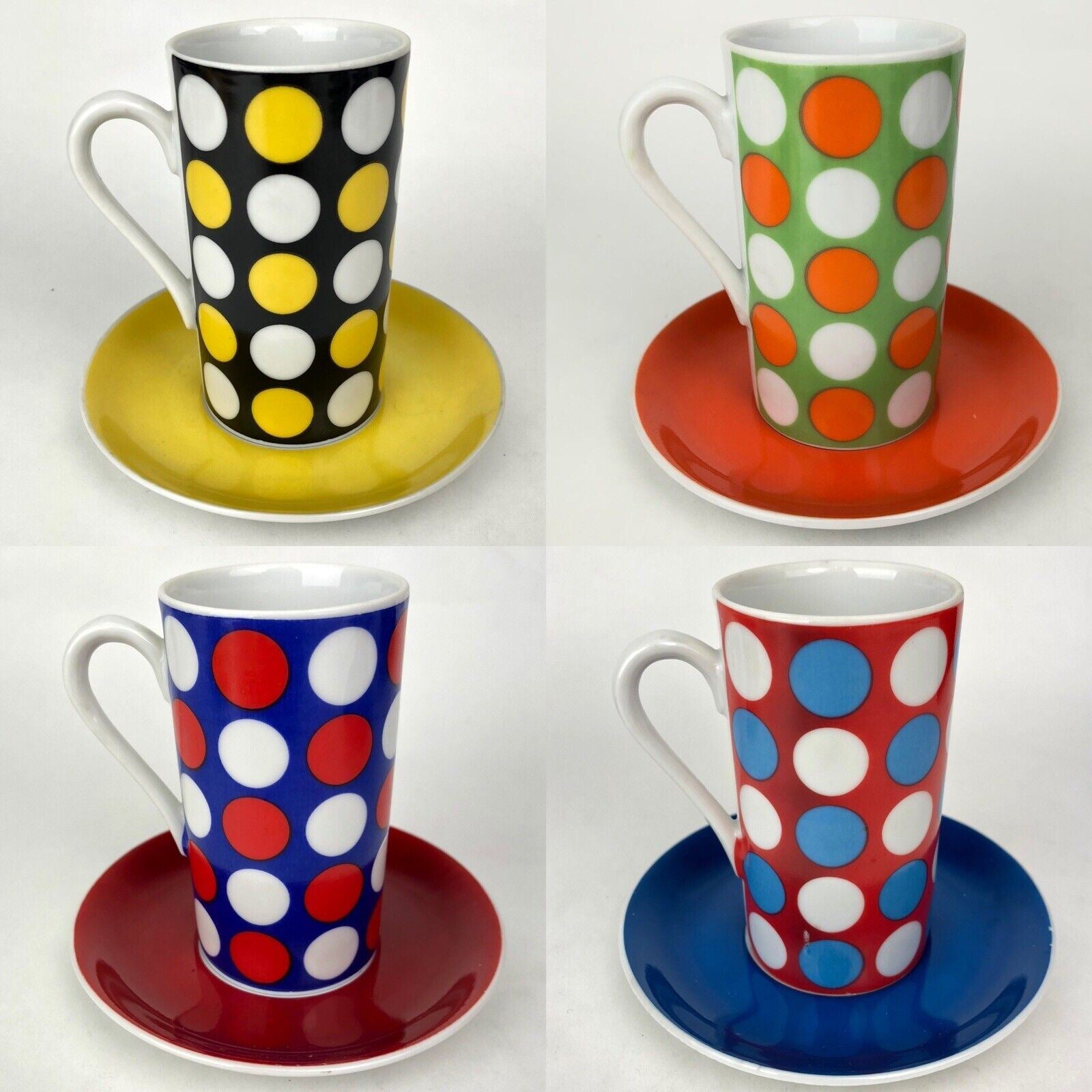 Vintage 1960’s MOD SET Of 4 Royal Crown POLKA DOT by Elena Cup & Saucers Coffee