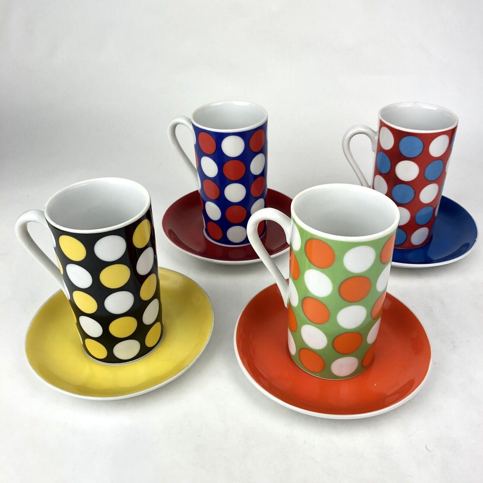 Vintage 1960’s MOD SET Of 4 Royal Crown POLKA DOT by Elena Cup & Saucers Coffee
