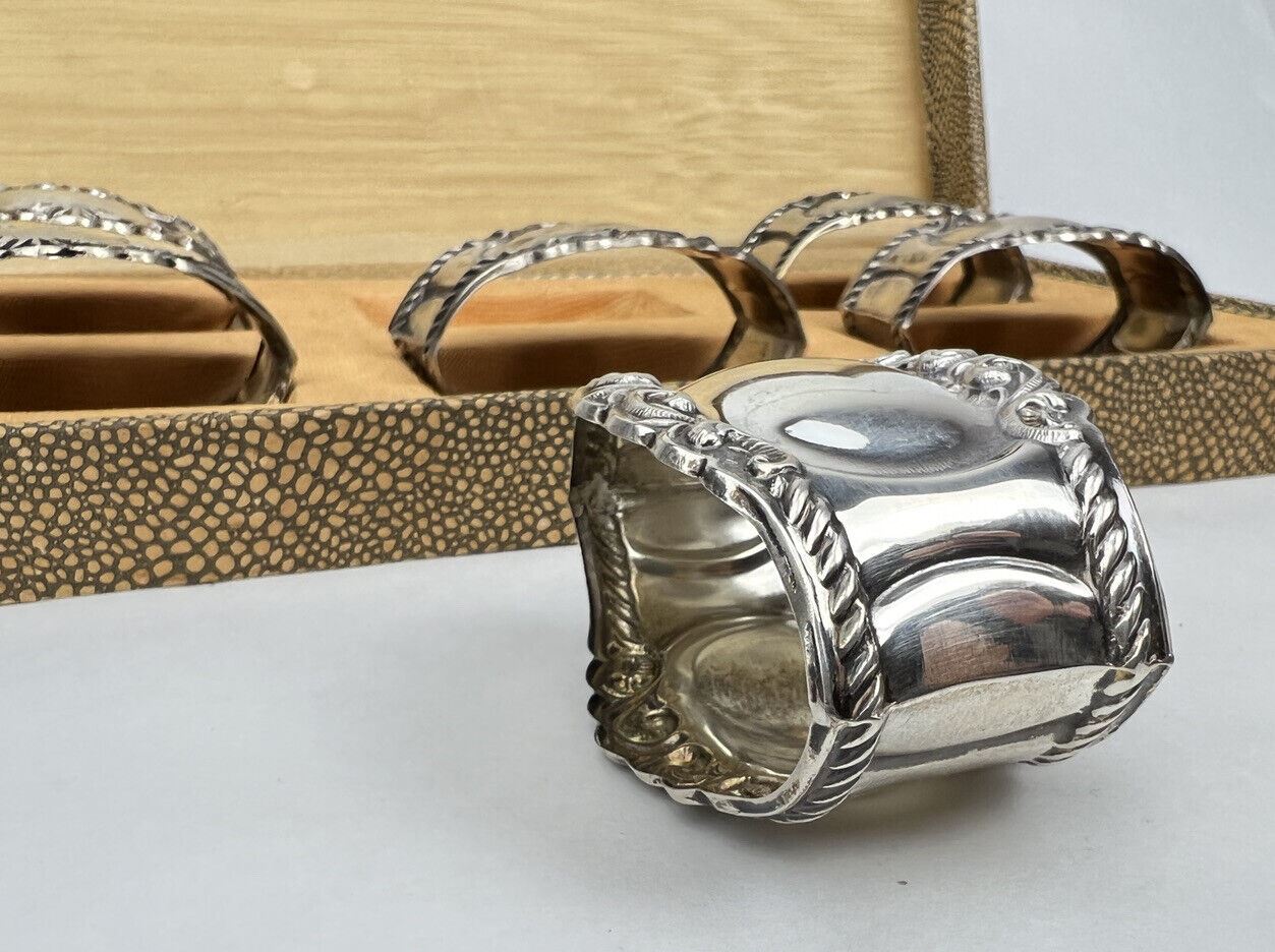 Antique Boxed Set of 6 ARGENTO 800 Italian SILVER Repousse Baroque Napkin Rings