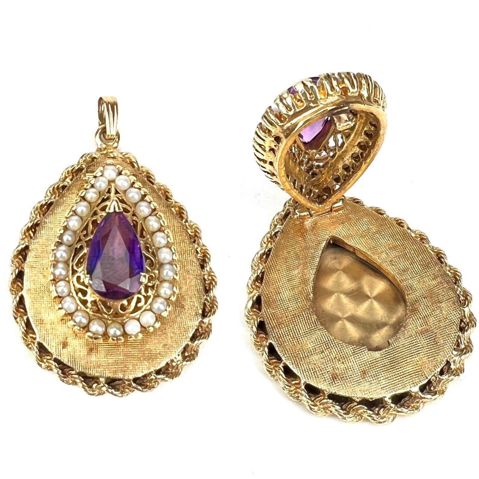 Vintage 14k Yellow Gold Rope Amethyst & Seed Pearl PHOTO LOCKET PENDANT Charm