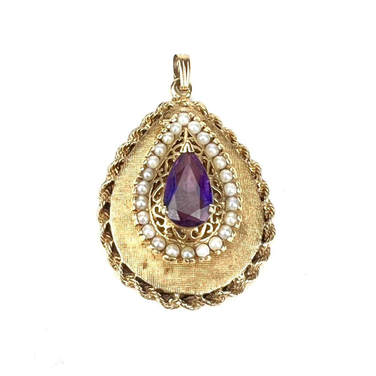 Vintage 14k Yellow Gold Rope Amethyst & Seed Pearl PHOTO LOCKET PENDANT Charm