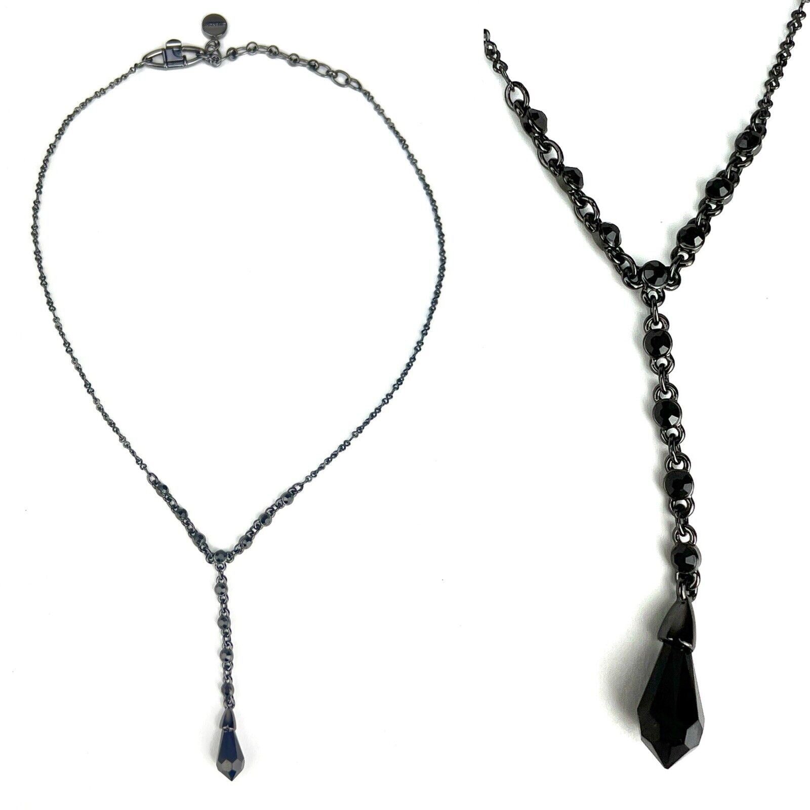 GIVENCHY Gunmetal Gray Chain Black Crystal Y Drop Pendant Necklace w/ Extender