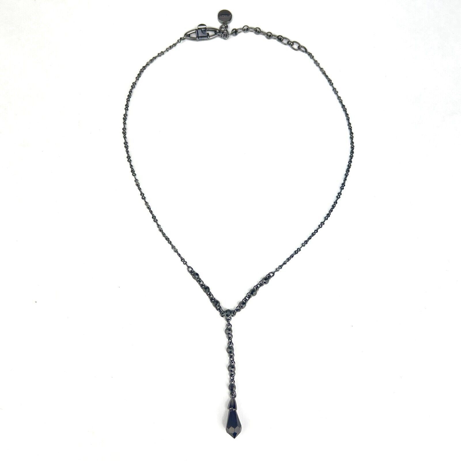 GIVENCHY Gunmetal Gray Chain Black Crystal Y Drop Pendant Necklace w/ Extender
