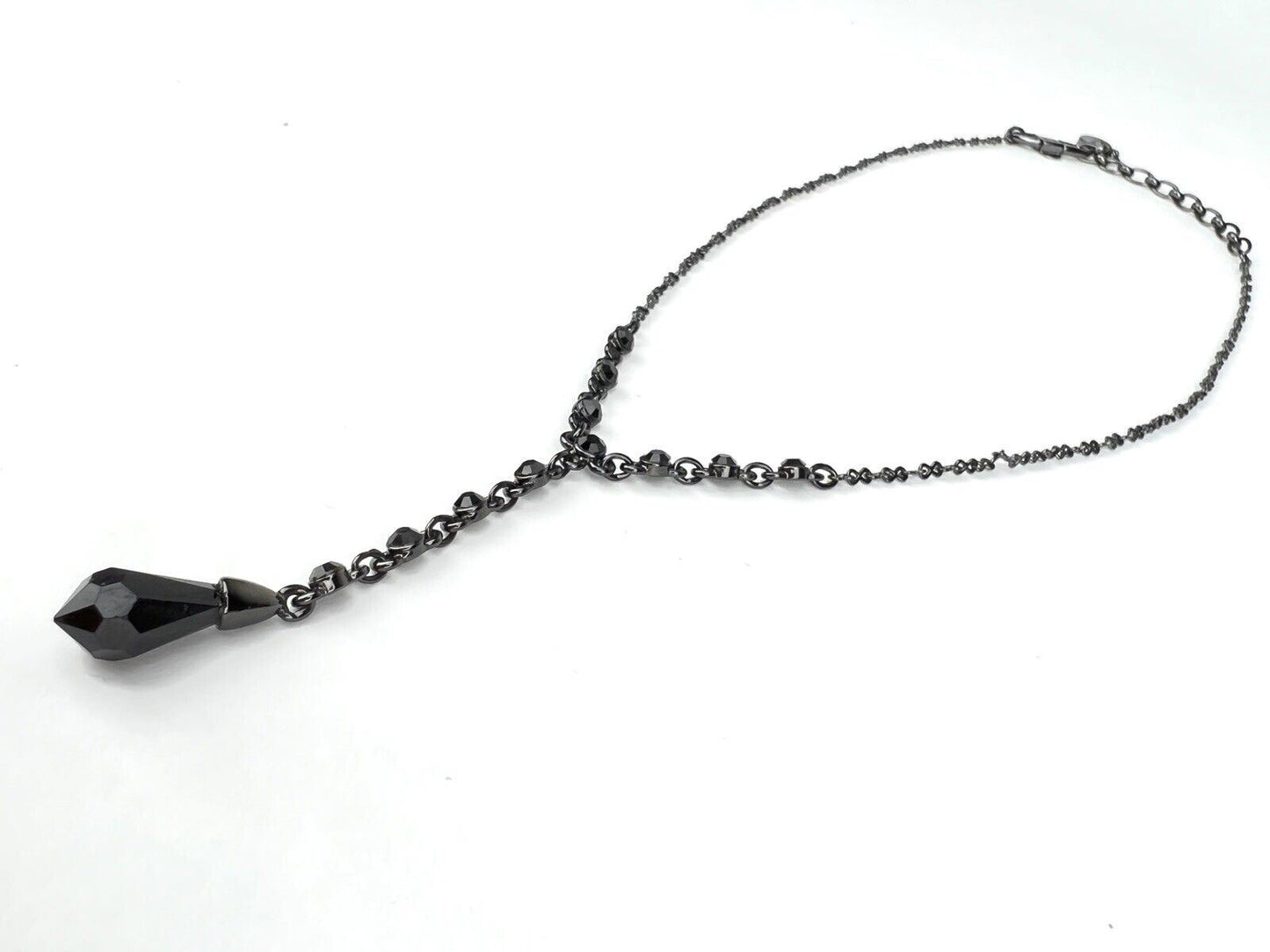 GIVENCHY Gunmetal Gray Chain Black Crystal Y Drop Pendant Necklace w/ Extender
