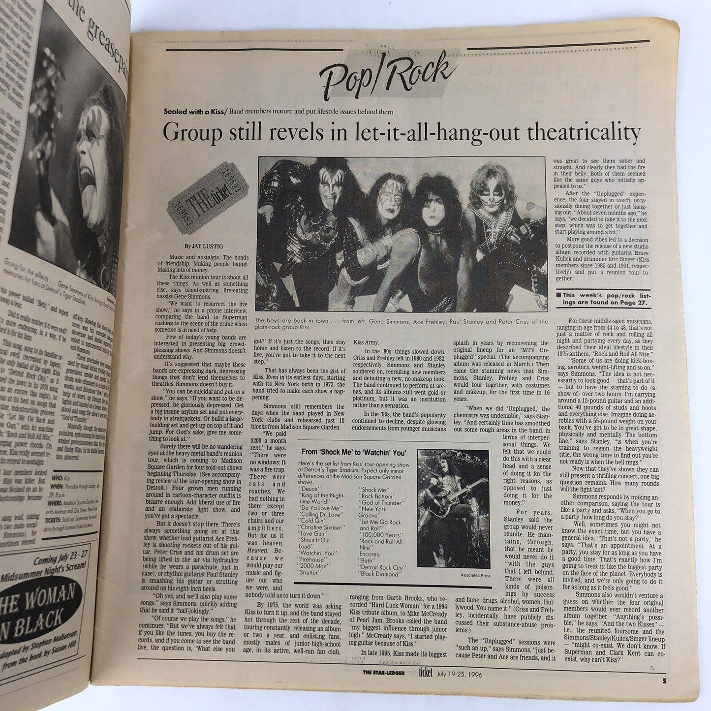 KISS 1996 COVER & ARTICLE Newspaper Oversize Magazine THE TICKET Star Ledger NJ
