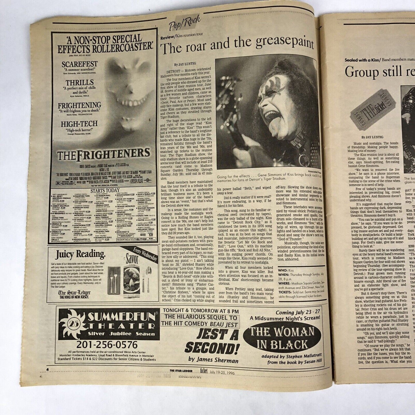 KISS 1996 COVER & ARTICLE Newspaper Oversize Magazine THE TICKET Star Ledger NJ