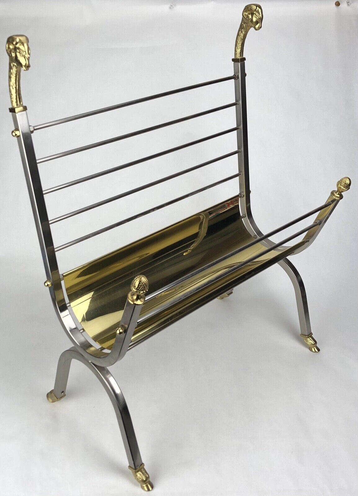 Vintage Italian Brass Ram’s Head & Steel Magazine Rack Maison Jansen Style