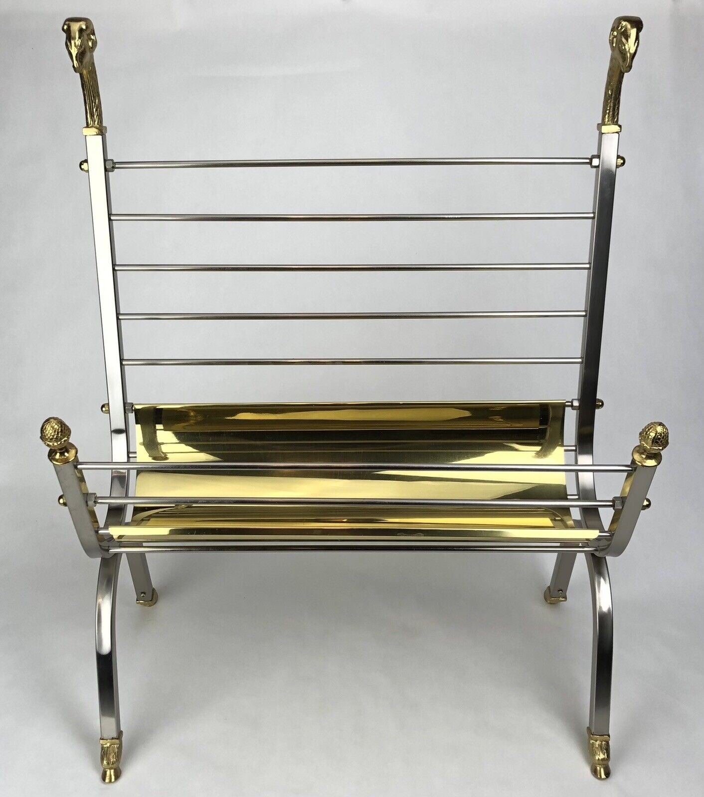 Vintage Italian Brass Ram’s Head & Steel Magazine Rack Maison Jansen Style