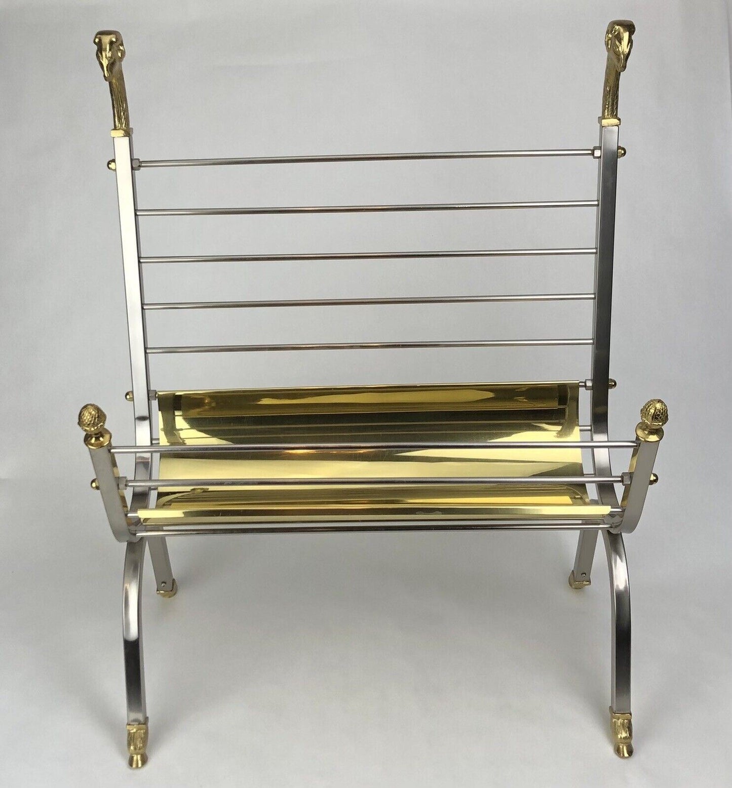 Vintage Italian Brass Ram’s Head & Steel Magazine Rack Maison Jansen Style
