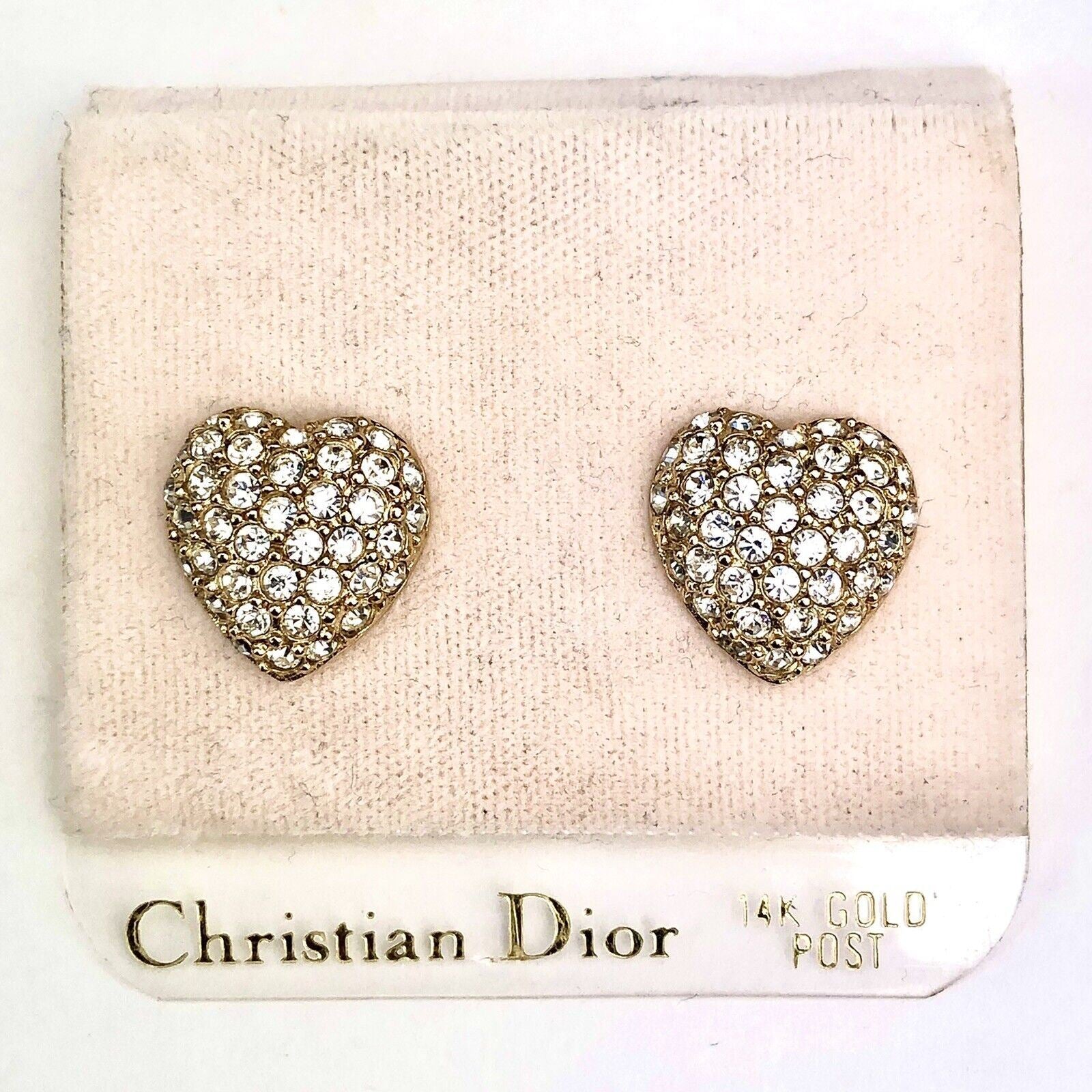 Vintage NEW Christian Dior HEART Rhinestone Pave 14k Gold Post Pierced EARRINGS