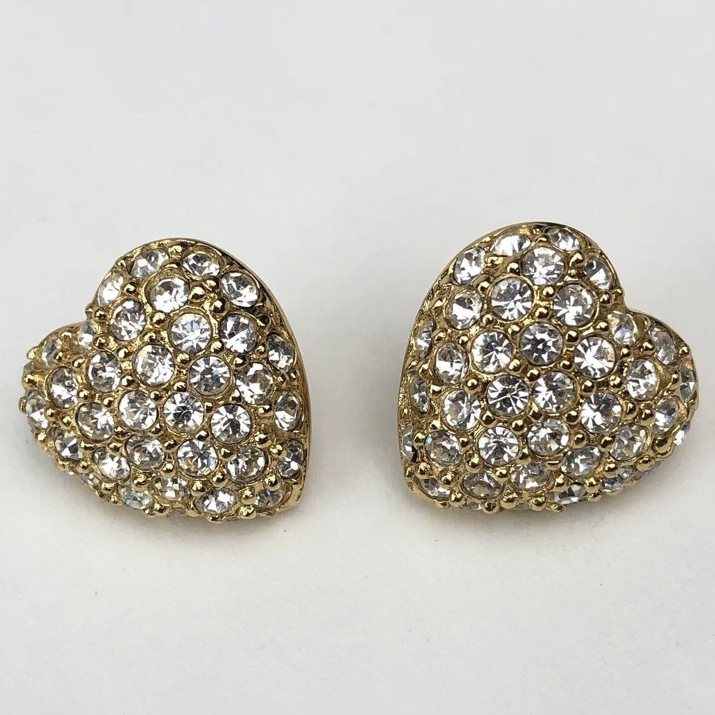 Vintage NEW Christian Dior HEART Rhinestone Pave 14k Gold Post Pierced EARRINGS