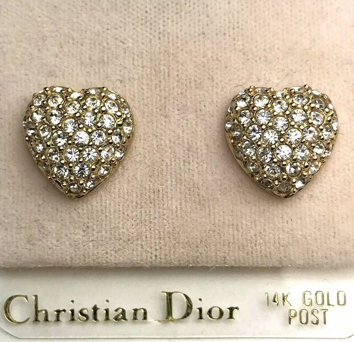 Vintage NEW Christian Dior HEART Rhinestone Pave 14k Gold Post Pierced EARRINGS