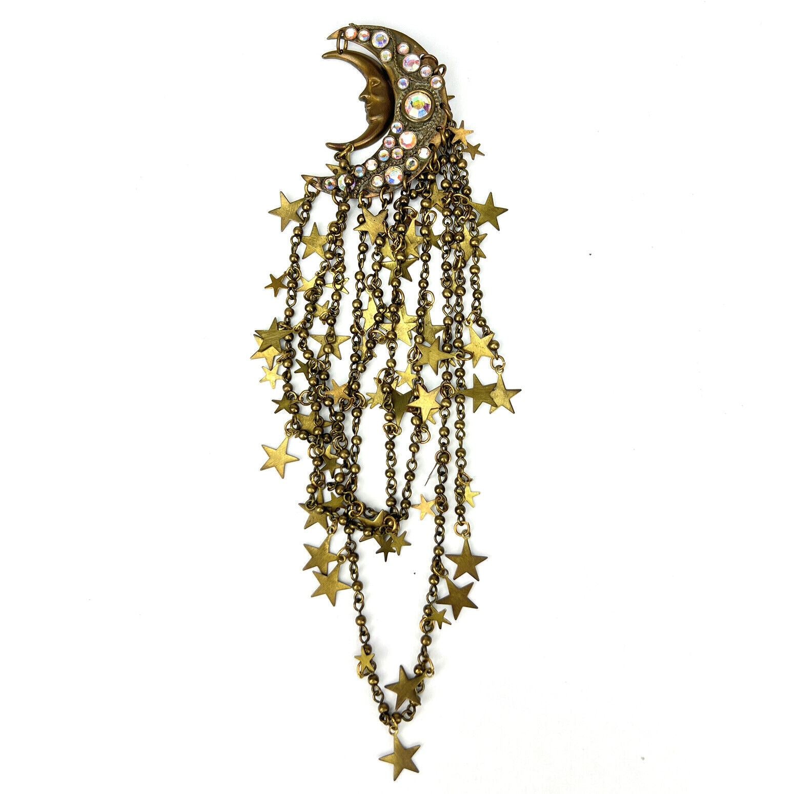 Vintage JACK SMILE Moon & Stars DANGLE 8” BROOCH PIN Signed RHINESTONE / CHAIN