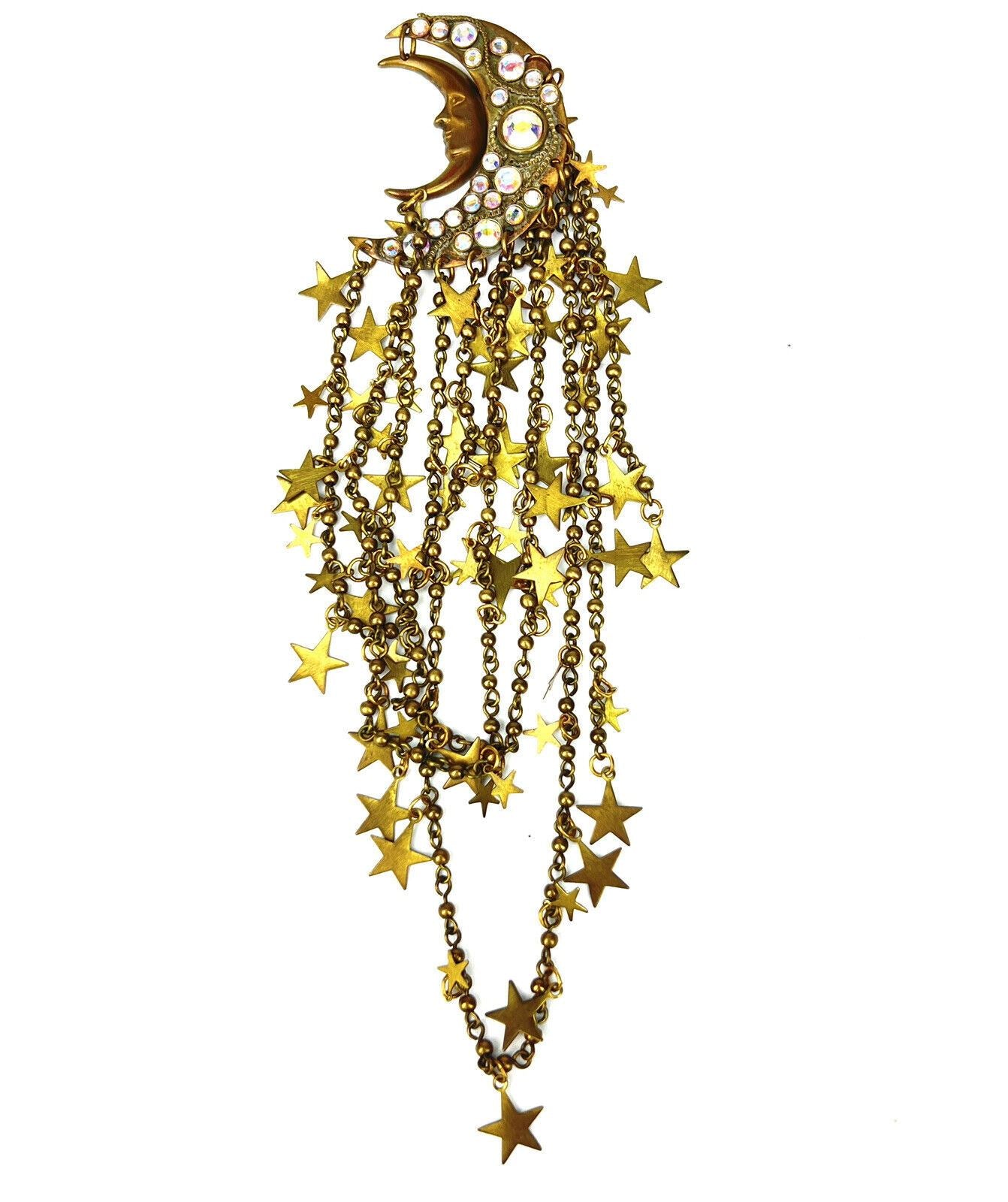 Vintage JACK SMILE Moon & Stars DANGLE 8” BROOCH PIN Signed RHINESTONE / CHAIN