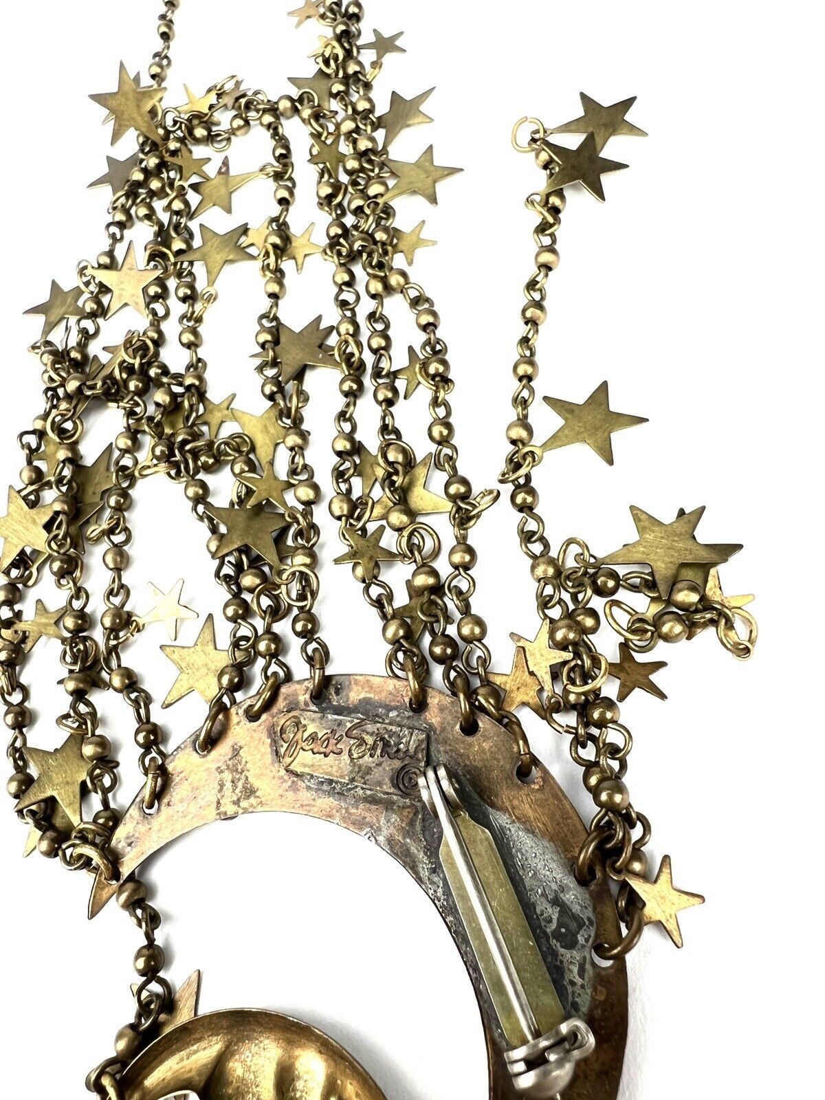 Vintage JACK SMILE Moon & Stars DANGLE 8” BROOCH PIN Signed RHINESTONE / CHAIN