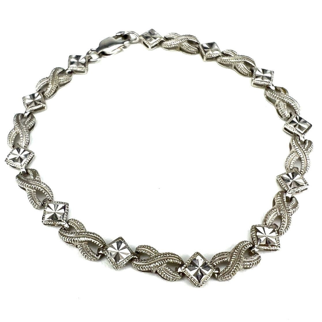 Vintage 10K WHITE GOLD BRACELET Diamond Cut Square Etched X Link Antique