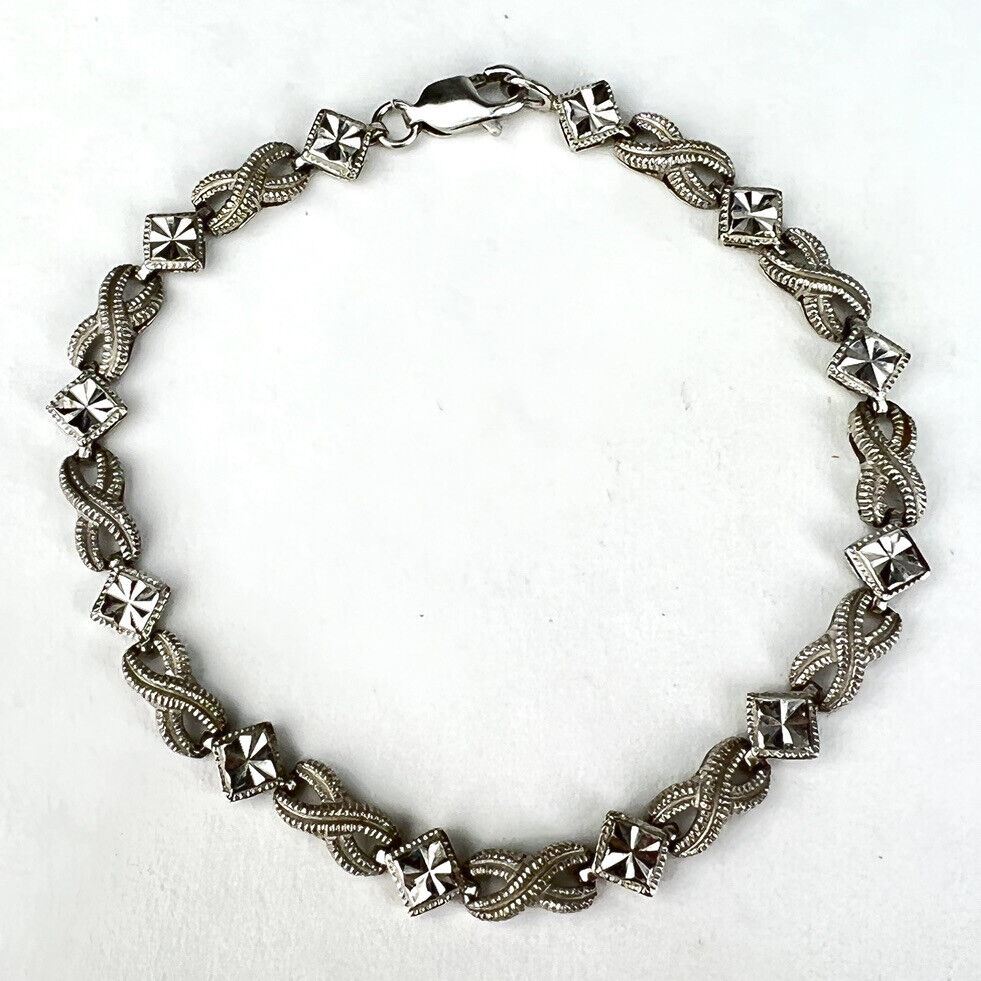 Vintage 10K WHITE GOLD BRACELET Diamond Cut Square Etched X Link Antique