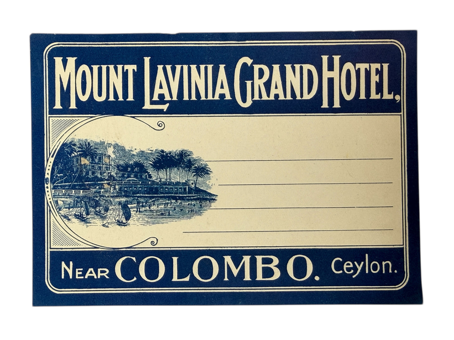 Vintage Mount Lavinia Grand Hotel Ceylon Sri Lanka Luggage Label Souvenir