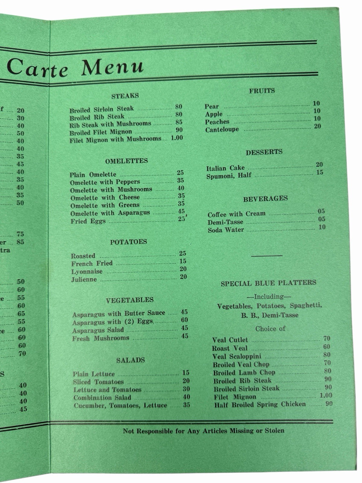 Vintage 1944 LIBERTY RESTAURANT Menu 1501 East Passyunk Philadelphia PA WWII Era