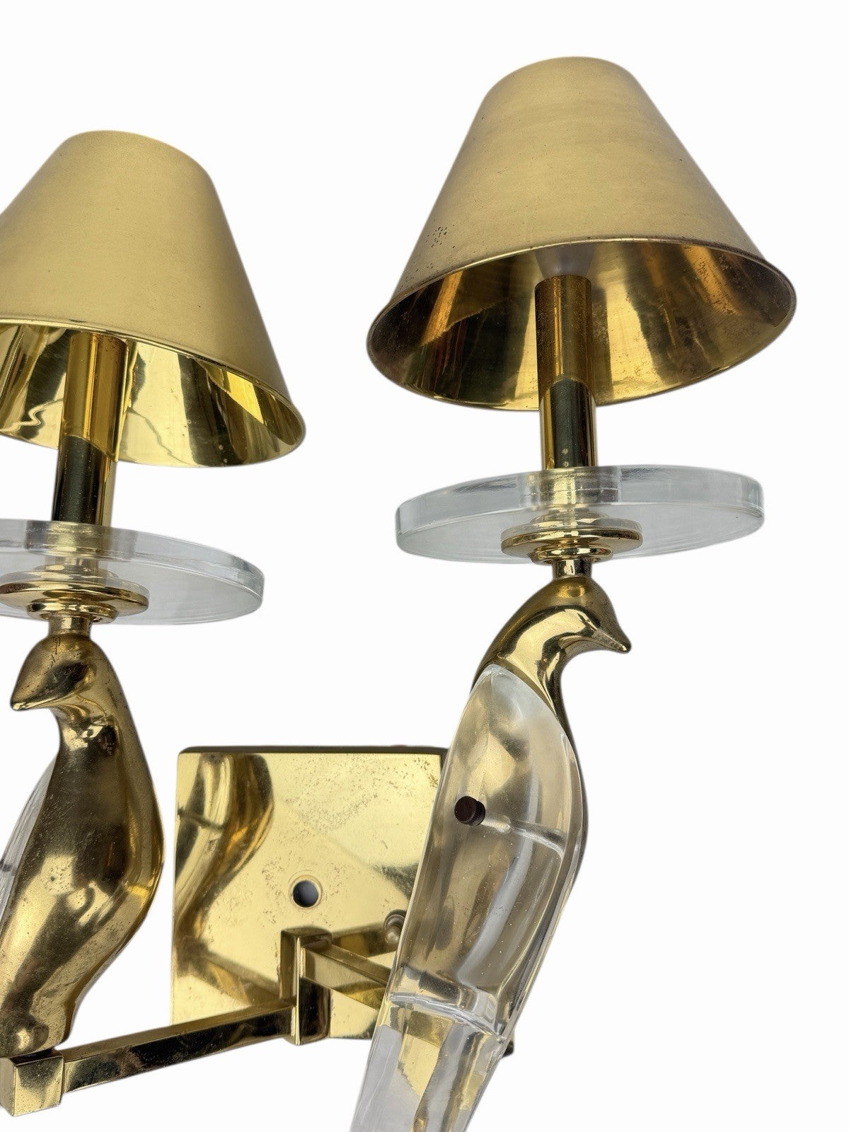 Vintage NULCO Birds Of Paradise SCONCE Double CRYSTAL & BRASS w/ Shades