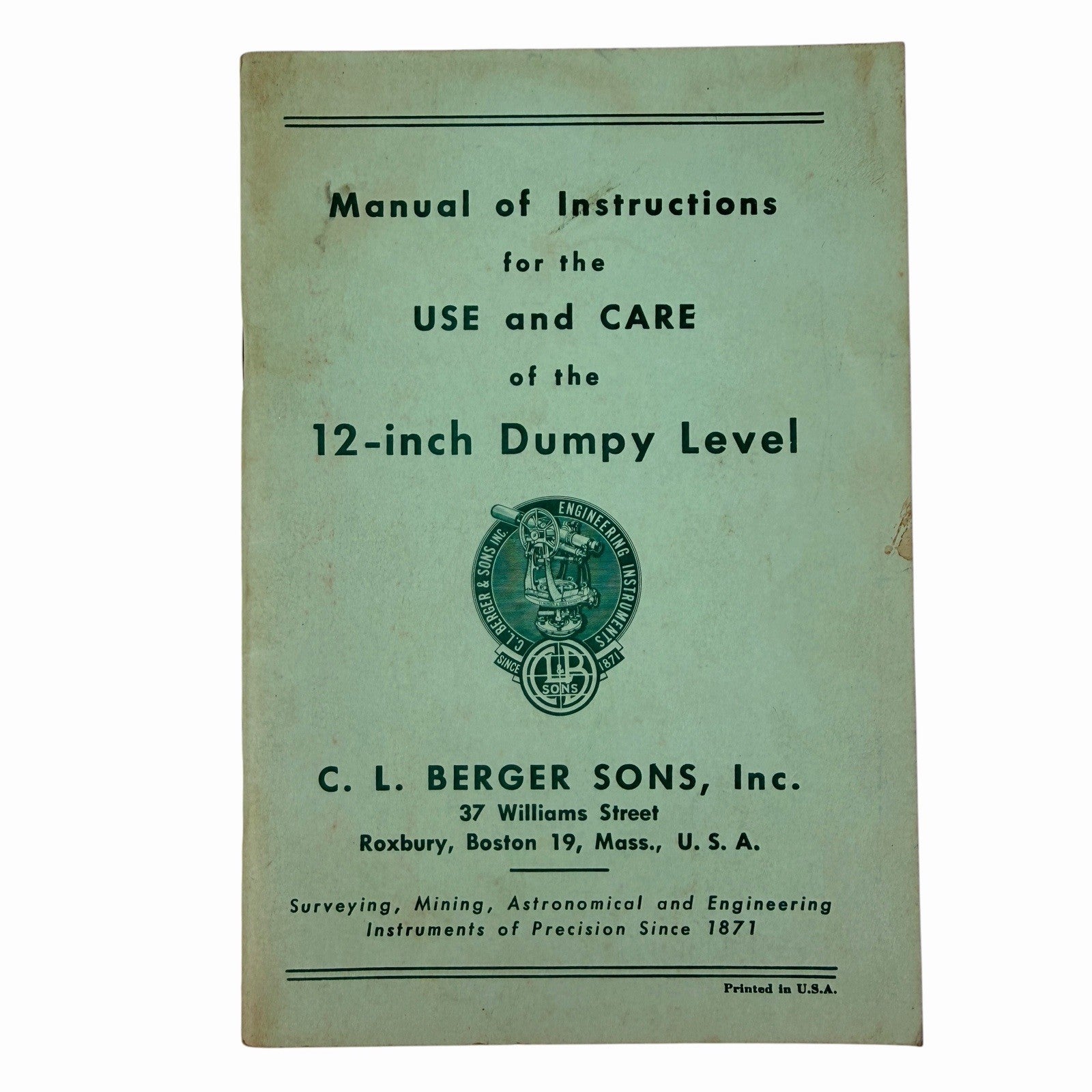 Vintage 1959 C.L. BERGER SONS Instruction Manual 12-INCH DUMPY LEVEL Engineering