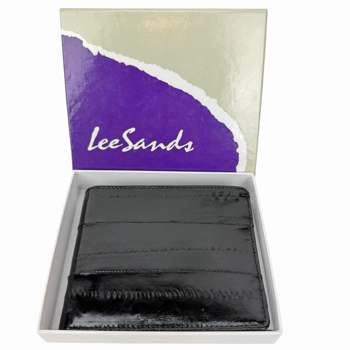 LEE SANDS Black EEL SKIN LEATHER Bifold Wallet RFID Window Flap NEW IN BOX
