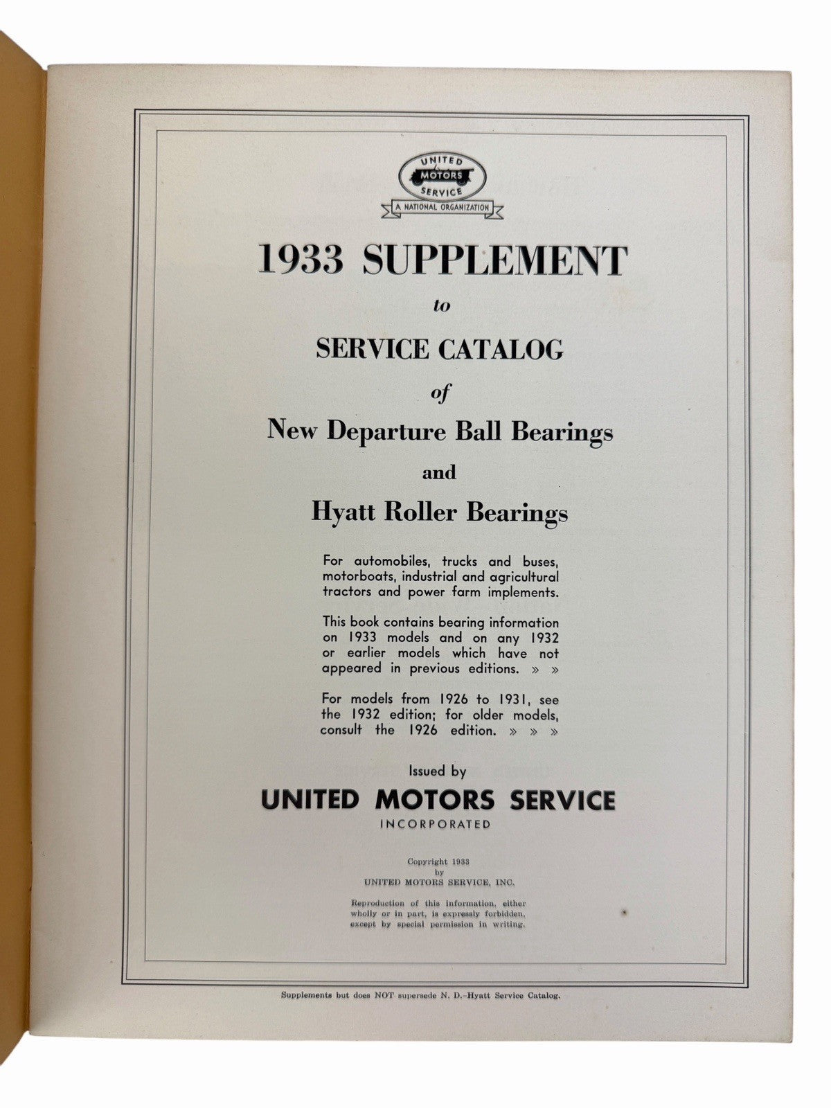 1933 New Departure & Hyatt Bearings Catalog Car & Truck GM United Motors Service
