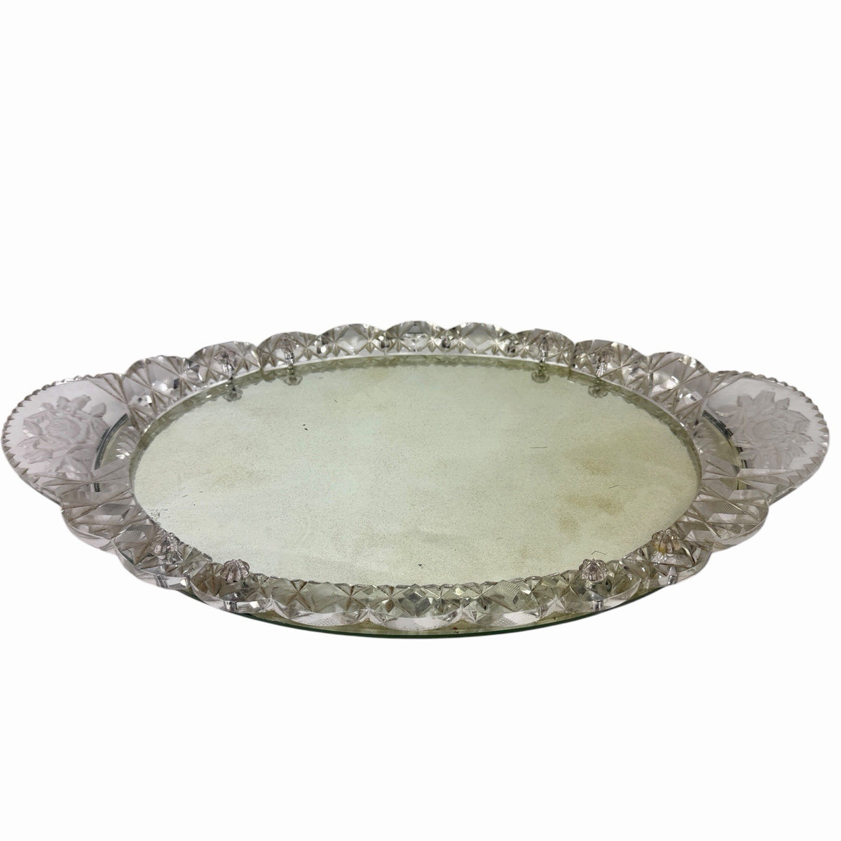 Vintage Oval Mirrored Perfume TRAY Vanity w/ Cut Crystal Glass Rim & Handles 17”