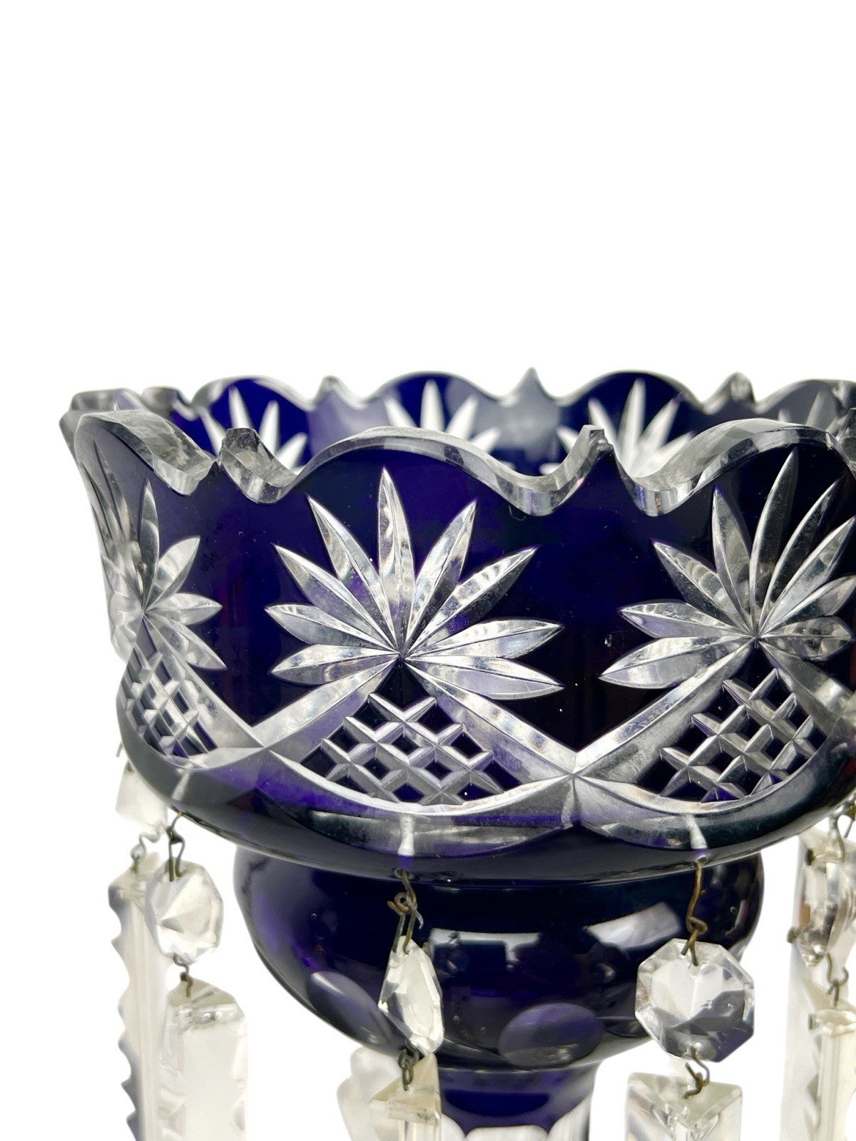 Antique Cut Crystal Amethyst To Clear PURPLE Mantle Lustre w/ Hanging Prisms