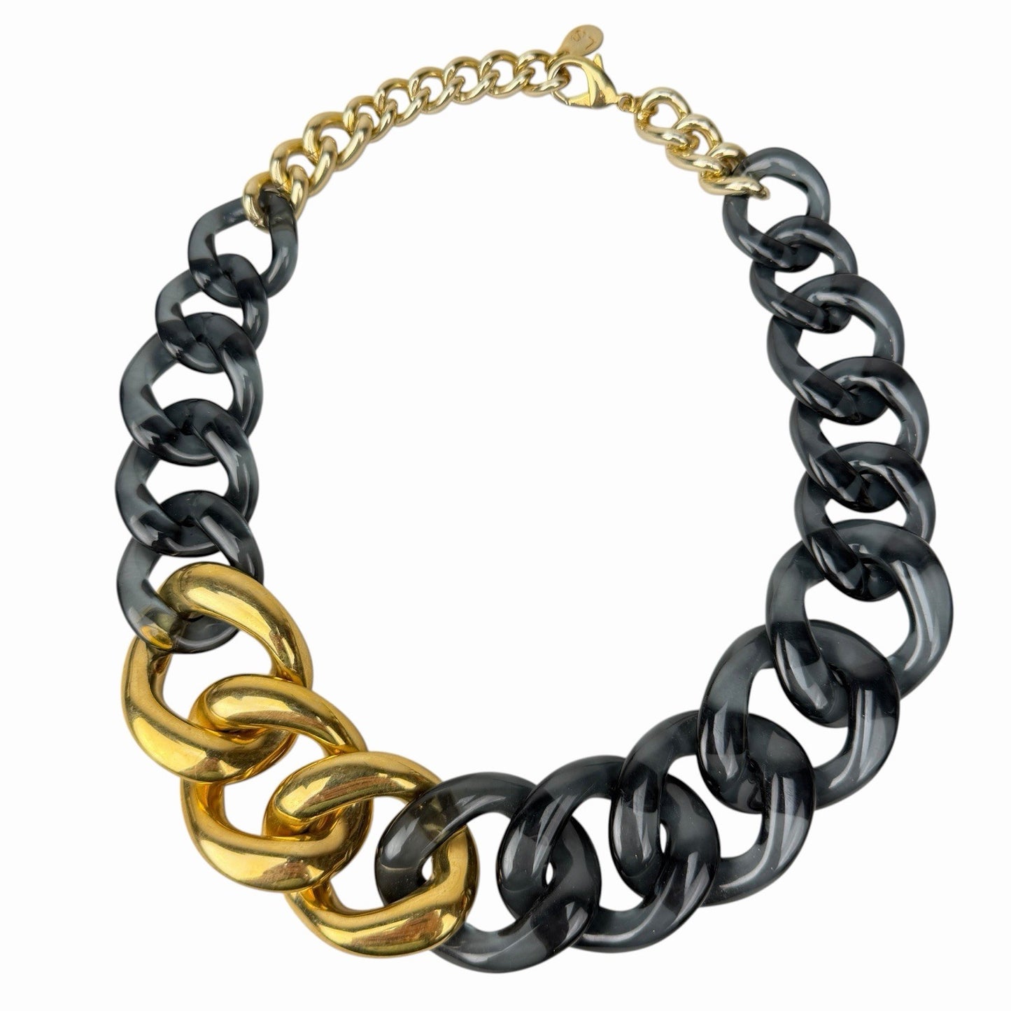 Vintage Gold & Gray Lucite Chunky Cuban Chain Link Necklace ITALY Luisa Spagnoli