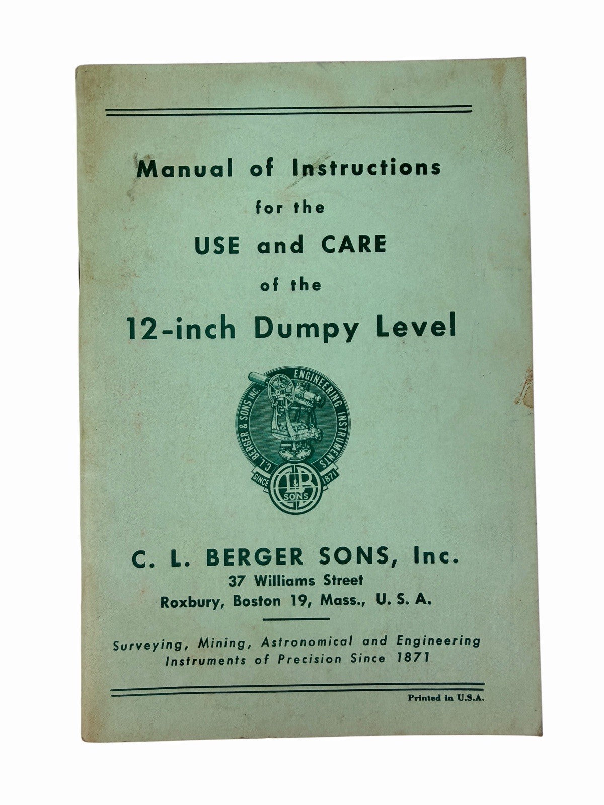 Vintage 1959 C.L. BERGER SONS Instruction Manual 12-INCH DUMPY LEVEL Engineering