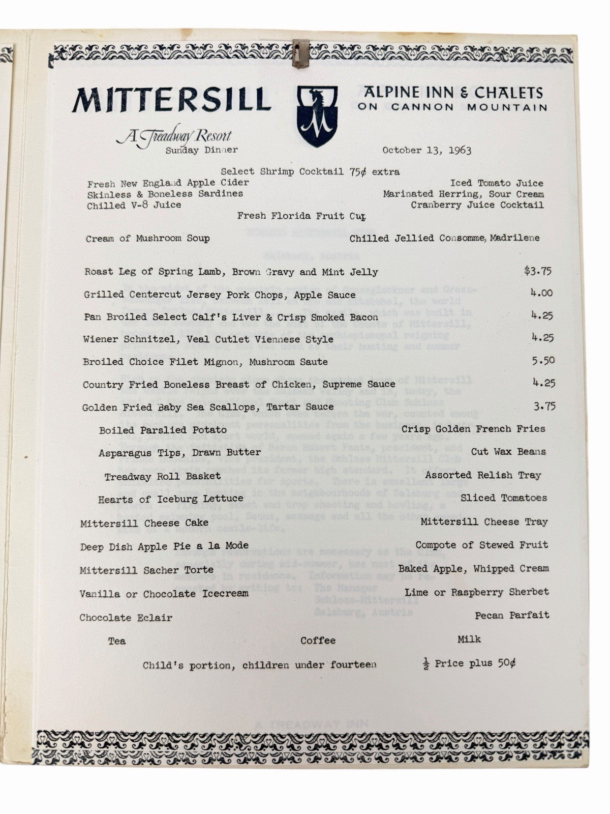 Vintage 1963 MITTERSILL Alpine Inn DINNER & WINE MENU Franconia Notch NH Austria