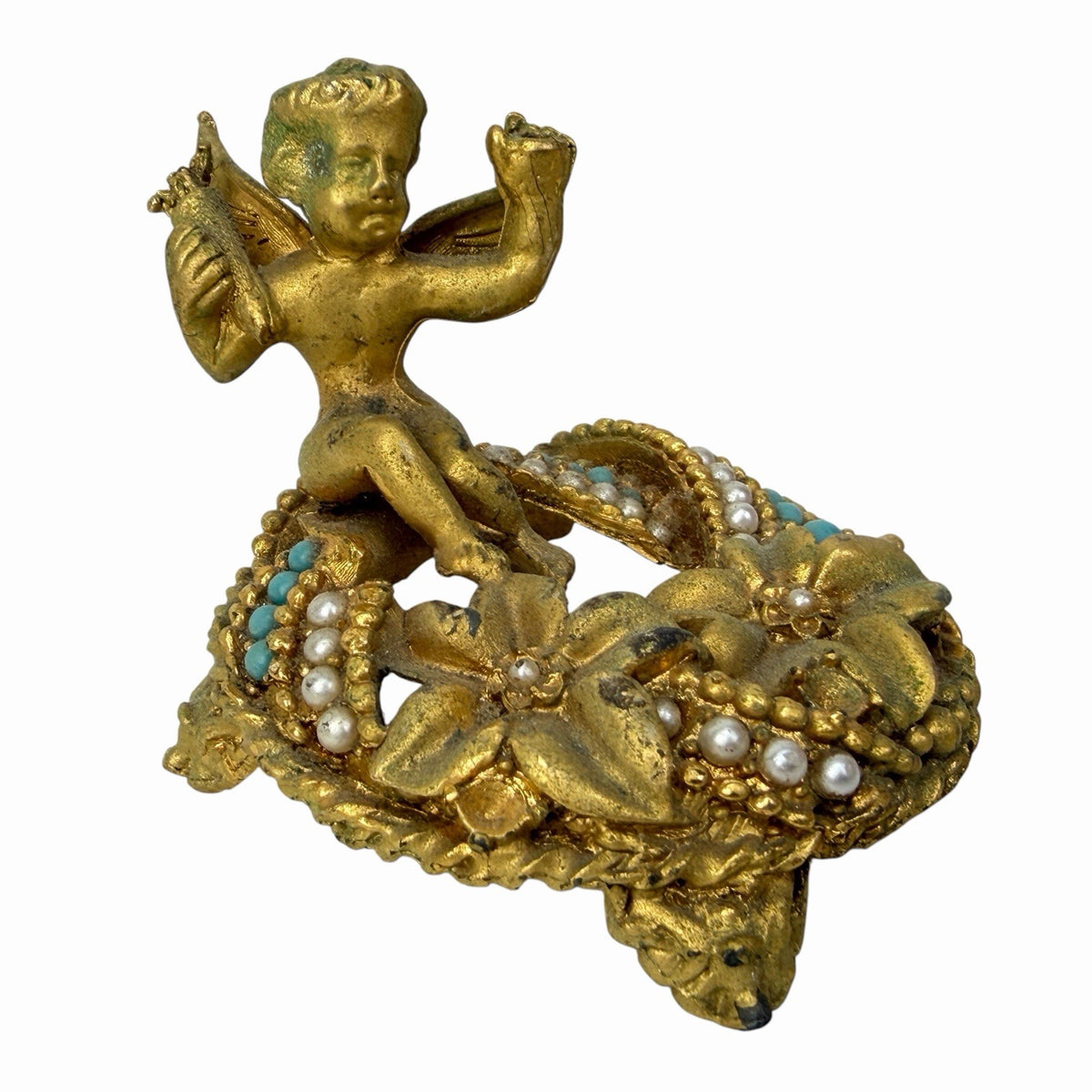 Mirella Gold Cherub Jeweled Faux Pearl Turquoise Ring Stand BASE ONLY